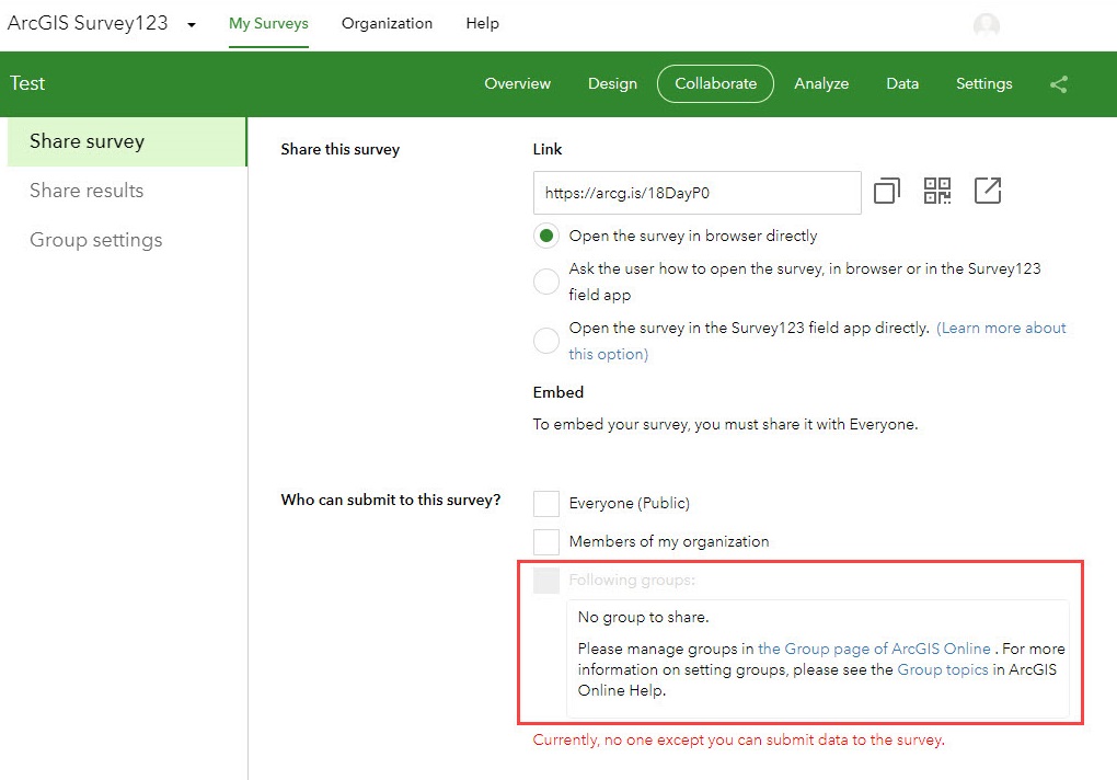The Collaborate tab on the ArcGIS Survey123 website showing no group to select to share the survey