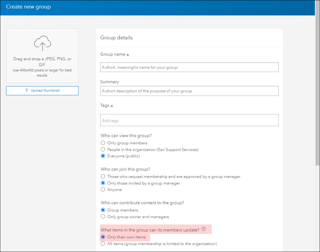 The Create New Group window showing the 'What items in the group can its members update' option when creating a new group