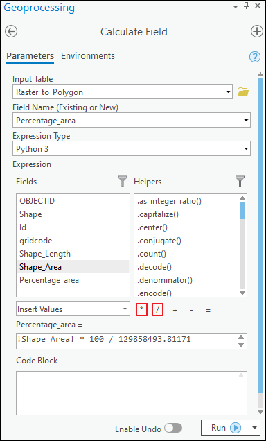 The image shows the Calculate Field window and its parameters.