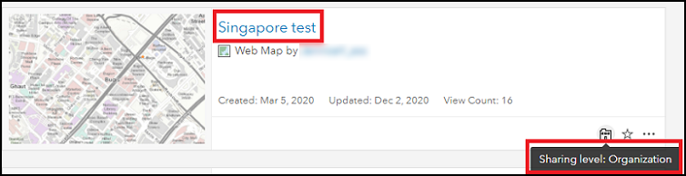 Image showing the 'Singapore test' web map is shared with the ArcGIS Online organization.