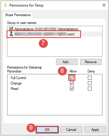The Permssions for Temp window used to give Full Control permissions to the accounts