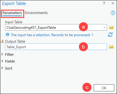 The Export Table pane