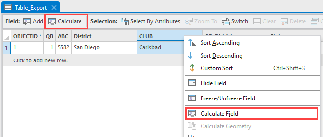 The output table with the Calculate and Calculate Field options enabled