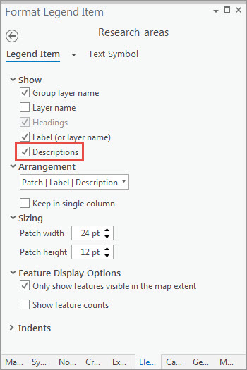The Format Legend Item pane with the Description check box checked to show the description.