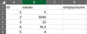 Image of a CSV file in Excel showing empty columns for field names.