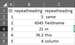 Image of a CSV file in Excel showing duplicated headings for field names.