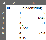 Image of a CSV file in Excel showing string values in integer fields (those aligned to the left).