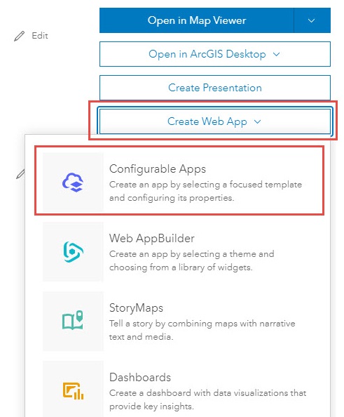 Image of selecting Create Web App and Configurable Apps in the item details page.