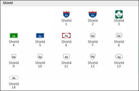 Image of Shield 1 to Shield 14 in the Shield symbol window