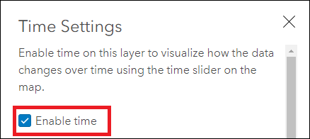 Screenshot of the Time Settings on the layer's item details page in ArcGIS Online.