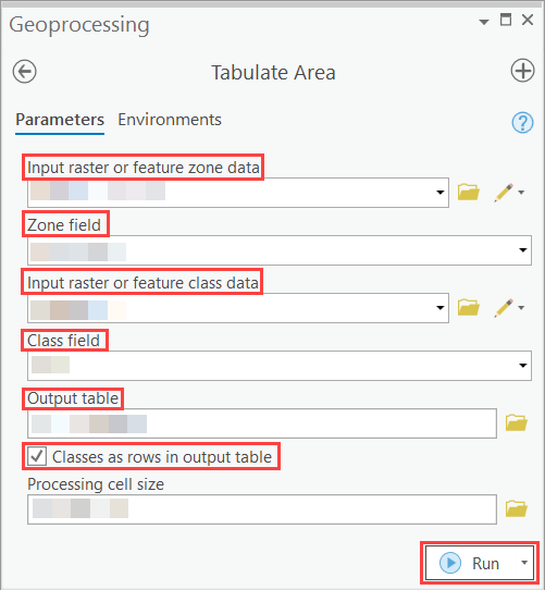 The Tabulate Area geoprocessing pane with all the parameters to calculate the area of the raster dataset using a field from the vector dataset