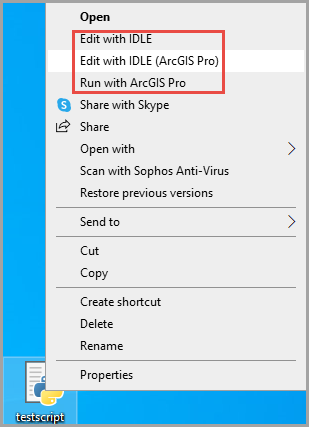 Image of the Edit with IDLE and Run with ArcGIS Pro options are available in the context menu