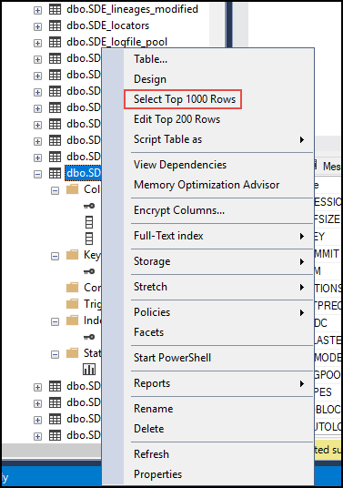 Select top 1000 Rows option on the dbo.SDE_server_config table