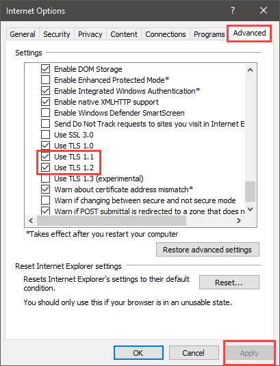 The Internet Options window with TLS 1.1 and 1.2 checked and Apply highlighted at the bottom.