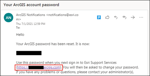 Image showing the subject and content of the password reset email