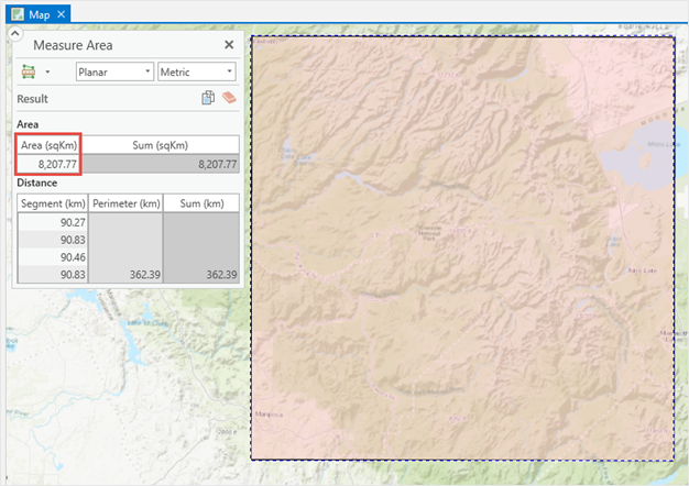 Image of the first project shows the measurement of the polygon area, 8207.77 sqKm