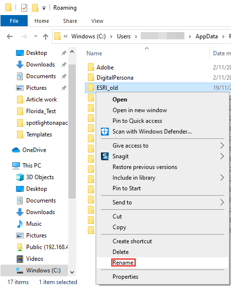 The Esri AppData folder location in Windows Explorer