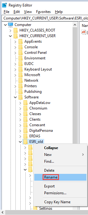 Renaming the Esri registry key folder in Microsoft Windows Registry Editor