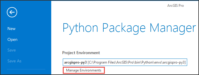 Clicking the the Manage Environments option in the Python Package Manager page
