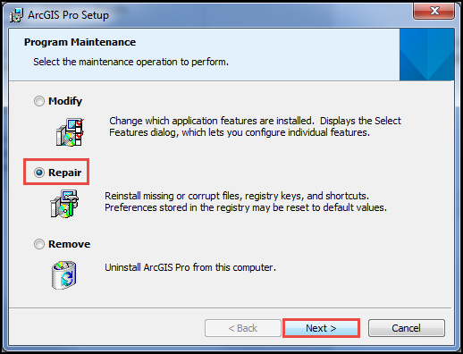 Clicking Repair in the ArcGIS Pro Setup page to repair for program maintenance.