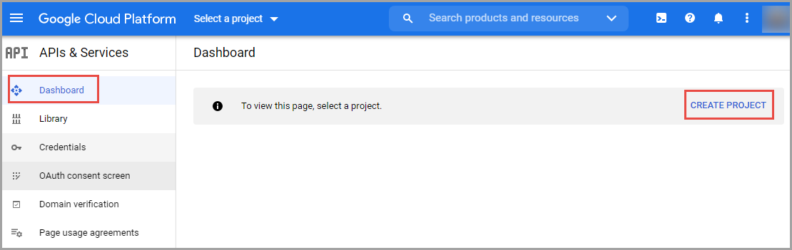 The Google Cloud Platform window with the new project in the Google API Console.