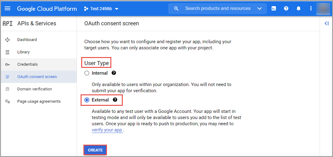 The Google Cloud Platform window with the new project opened in the Google API Console to select the External user type.