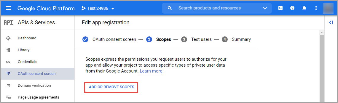 The Google Cloud Platform window with the new project opened to add or remove scopes in the app for authorization.