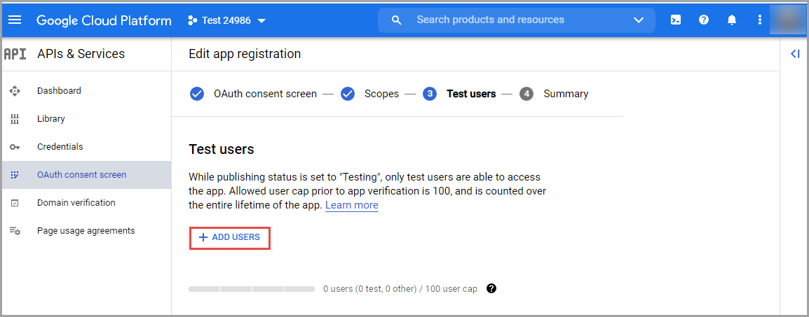 The Google Cloud Platform window with the new project opened to add the test users.