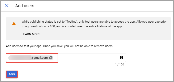 Filling in the test users' addresses in the Add users window.