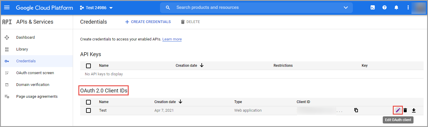 The window to edit the created OAuth 2.0 Client ID in the Google API Console.