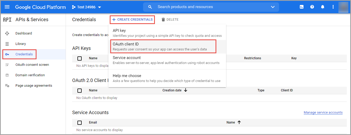 The Google Cloud Platform window with the new project opened to select the OAuth client ID credential to be created.