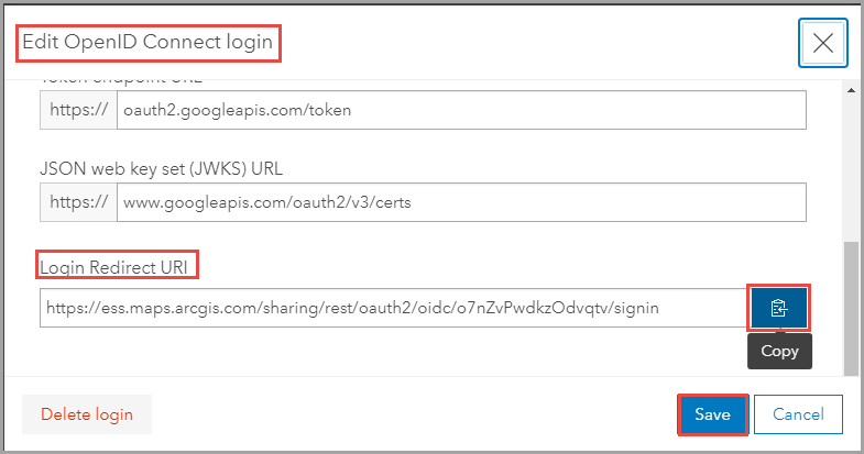 The window to copy the newly generated Login Redirect URI from the Edit OpenID Connect login.