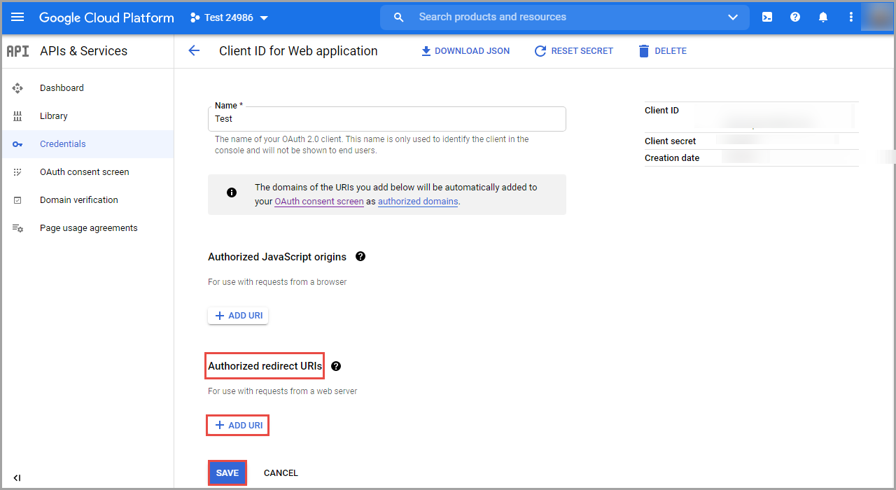 The window to add the URIs in the Authorized redirect URIs section.