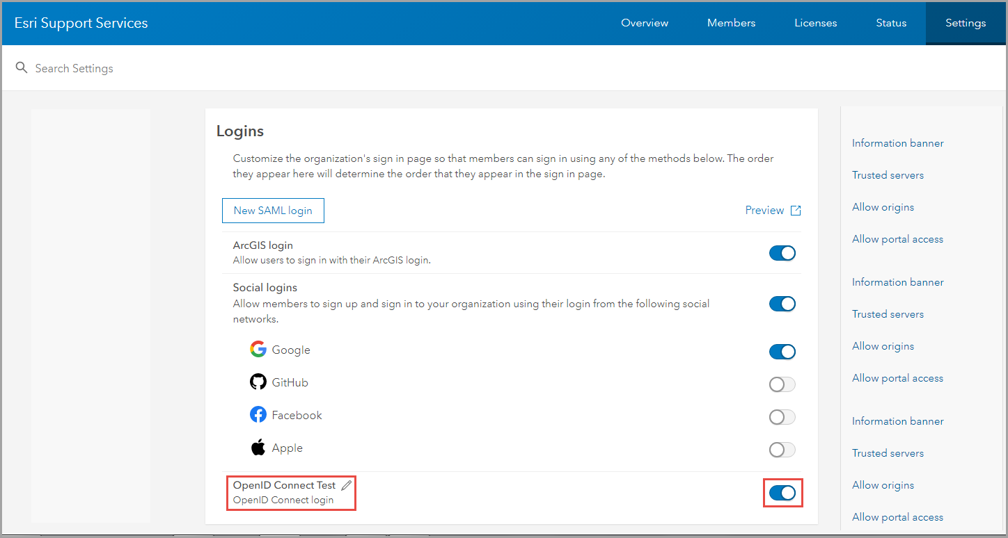 The window showing the toggle on to the OpenID Connect Test login option.