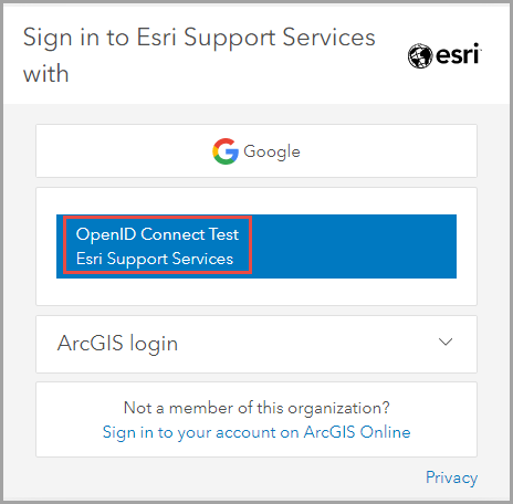 The window with the OpenID Connect Test login option available on the ArcGIS Online login page.