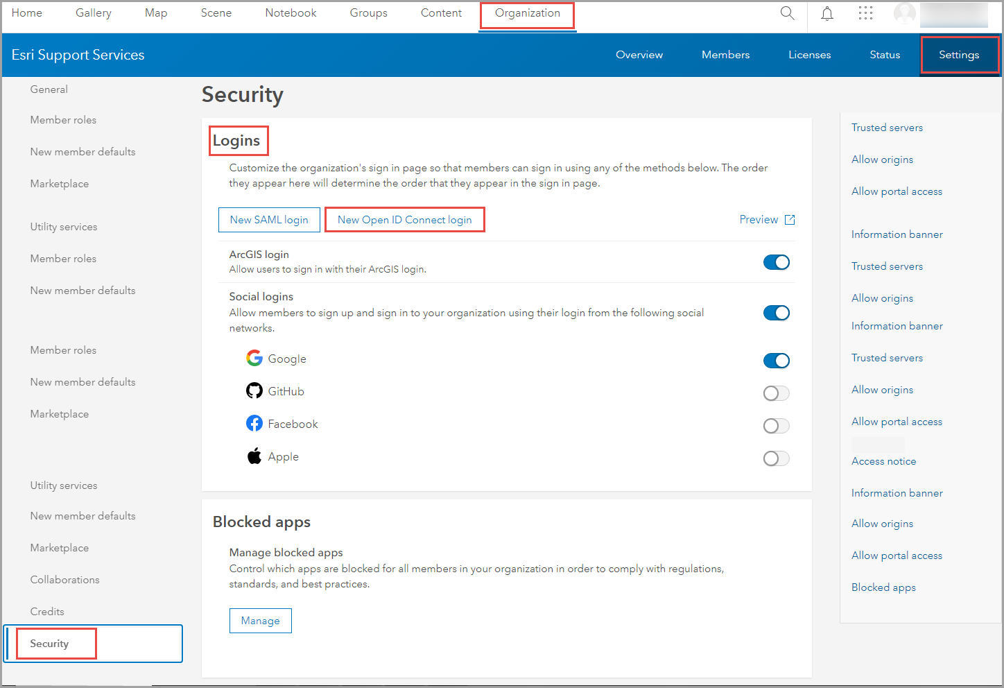 The window to set up a new Open ID Connect login in ArcGIS Online.