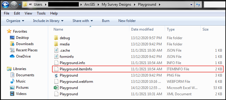 The ITEMINFO file of the survey by navigating in the local machine's File Explorer directory.