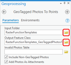 The GeoTagged Photos To Points geoprocessing pane with the Input Folder and the Output Feature Class parameters