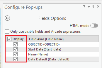 In the Fields Options window, enable the visibility of the desired field to display the attribute information in the pop-up.