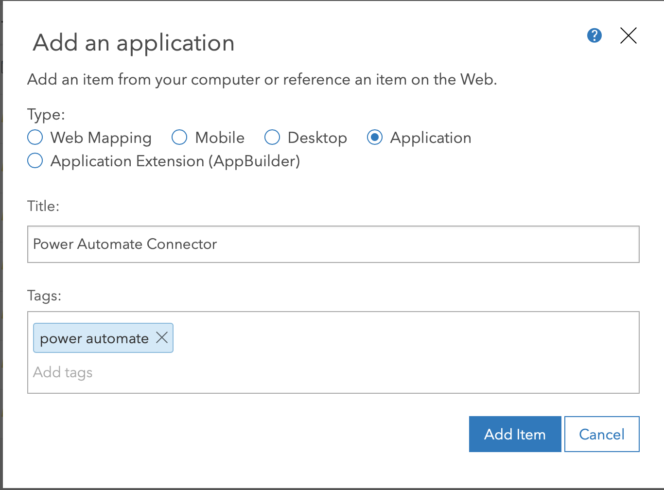 the Add an application dialog box with selected options