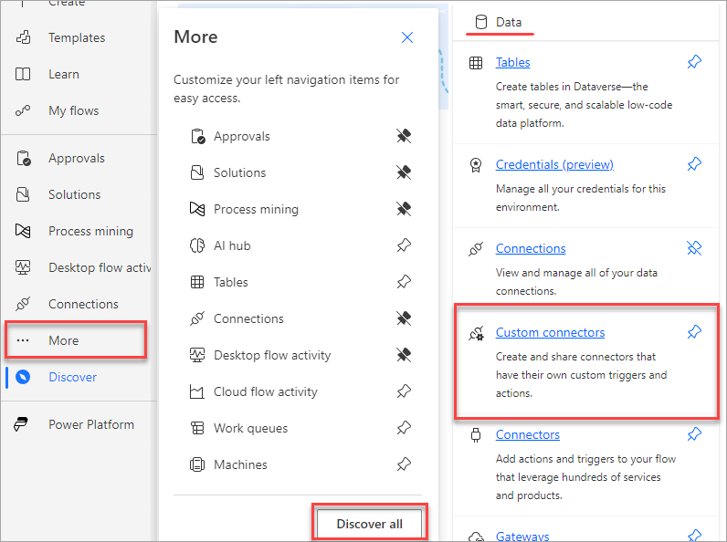 The Custom connectors option on the Microsoft Power Automate page.