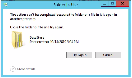 The image displays the error message: The action can't be completed because the folder or a file in it is open in another program when attempting to uninstall the ArcGIS Enterprise Data Store component