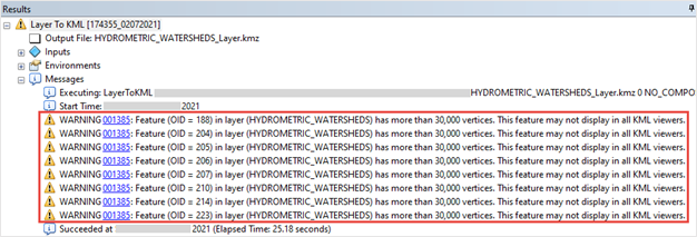 The warning message in the Results window when using the Layer To KML geoprocessing tool to convert a polygon feature layer to a KMZ file