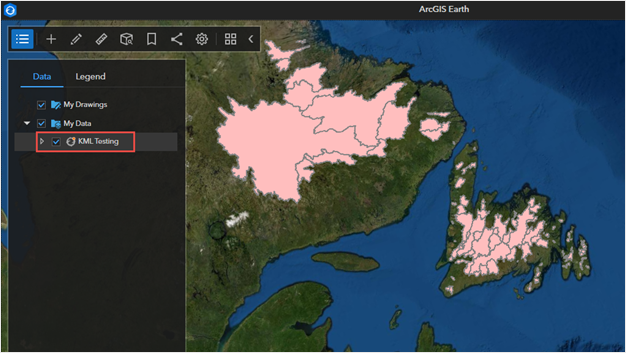 Viewing the KMZ layer in ArcGIS Earth showing all of the polygon features