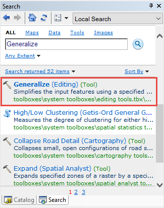 The Search window showing the Generalize (Editing) tool in the search result