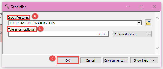 The Generalize dialog box showing the input feature with the tolerance value set to 0.001