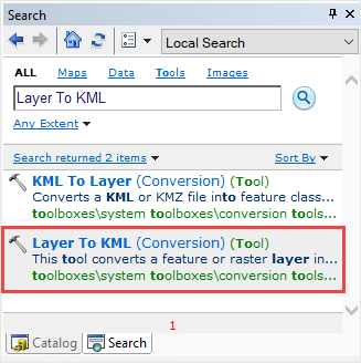 The Search window showing the Layer To KML (Conversion) tool in the search result