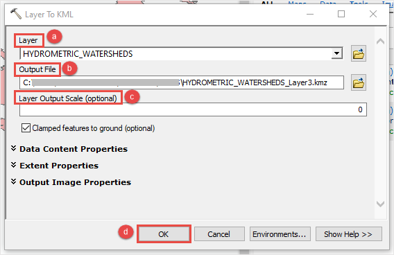 The Layer To KML dialog box showing the default values to convert the input polygon feature layer to a KMZ file