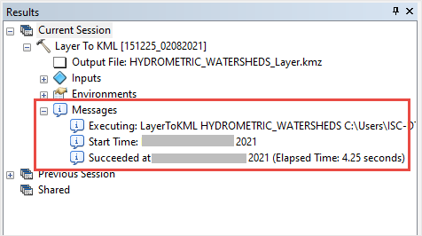 The Results window of the Layer to KML geoprocessing tool showing that it completed successfully without returning any warning messages that there are more than 30,000 vertices