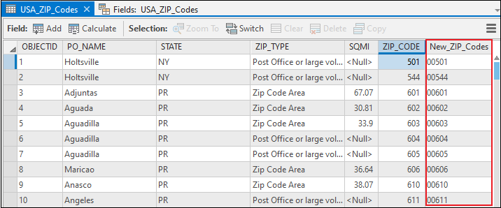 The attribute table containing the new ZIP codes with leading zeroes.